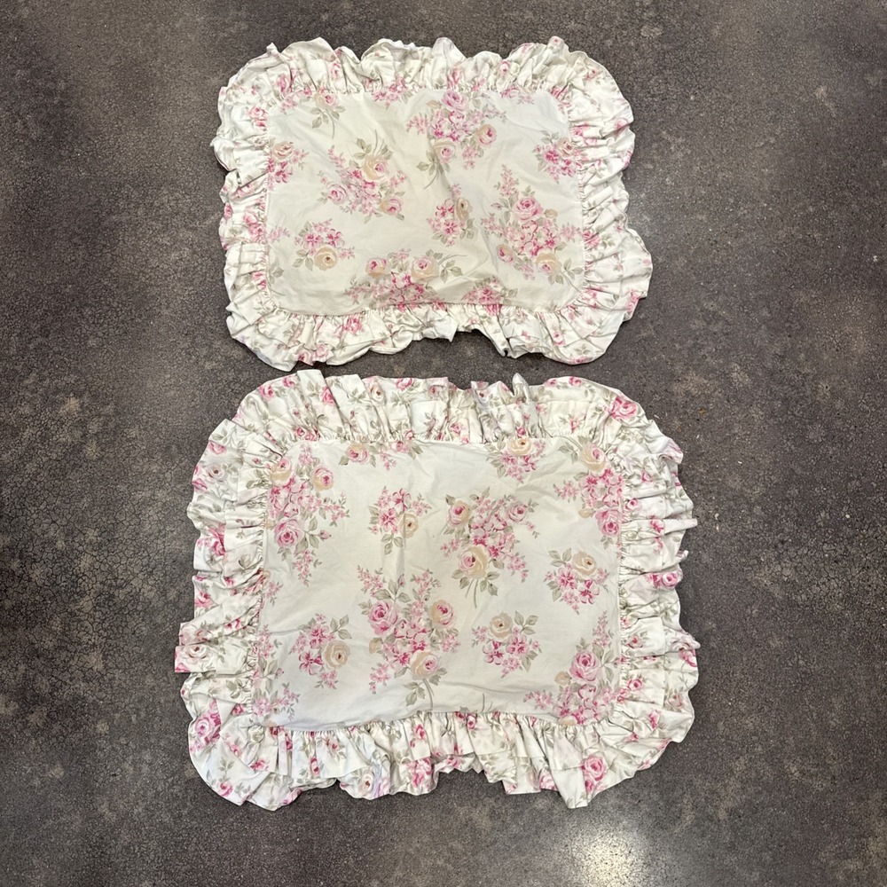 Simply Shabby Chic Pink Rose Floral Ruffled Throw Pillow Covers Lot of 2 Vtg